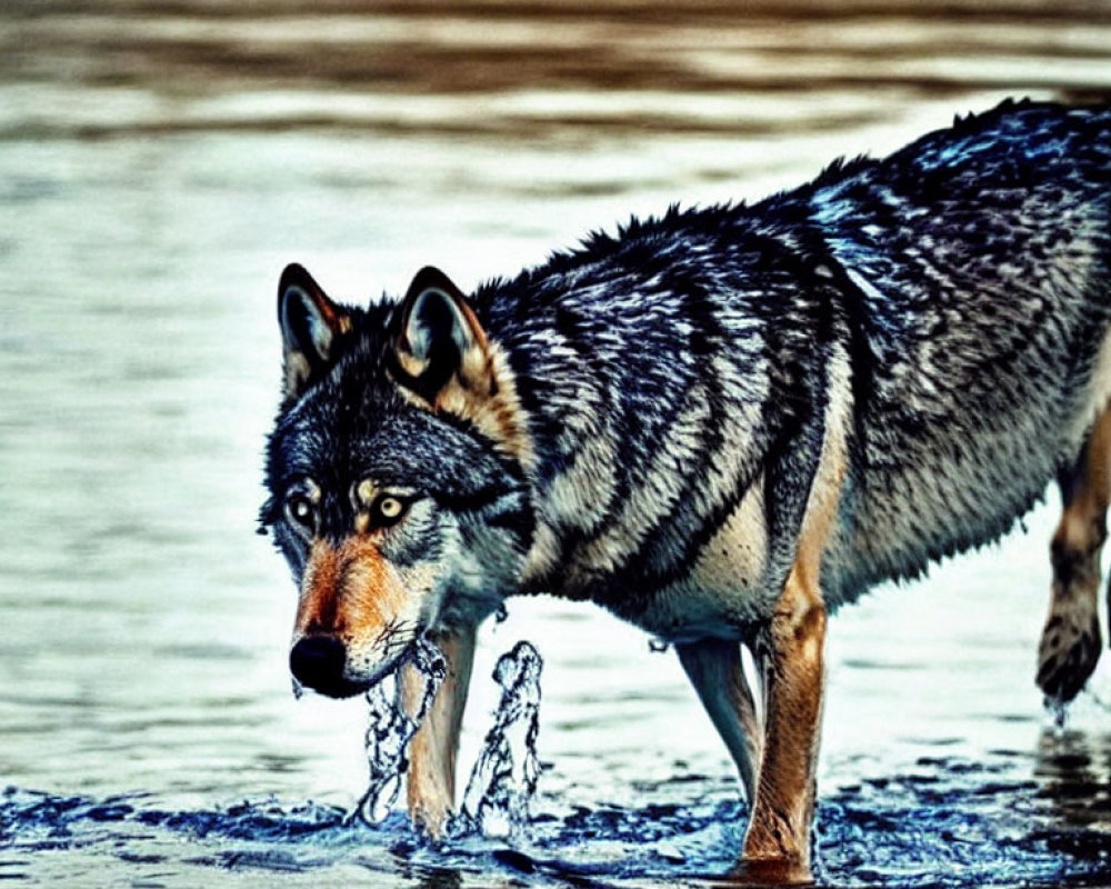 Grey and Brown Wolf Wading Through Water with Focused Gaze