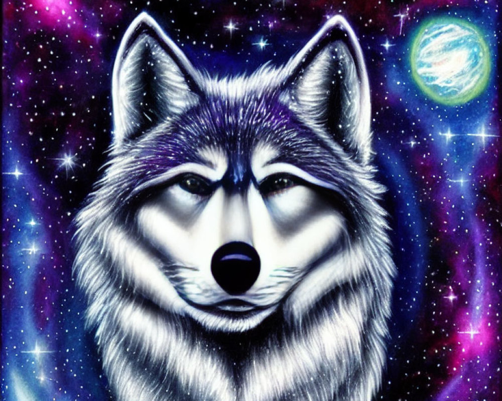 Detailed Wolf's Head Illustration on Cosmic Background