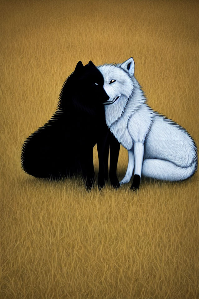 Stylized black and white wolves in yin-yang pose on golden yellow background