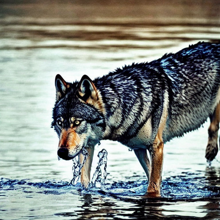 Grey and Brown Wolf Wading Through Water with Focused Gaze