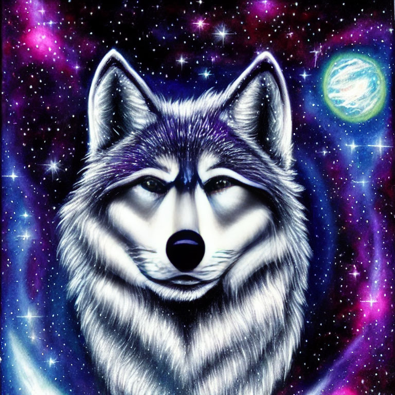 Detailed Wolf's Head Illustration on Cosmic Background