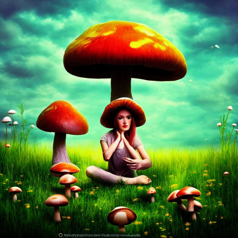 Woman meditating under giant mushroom in lush field