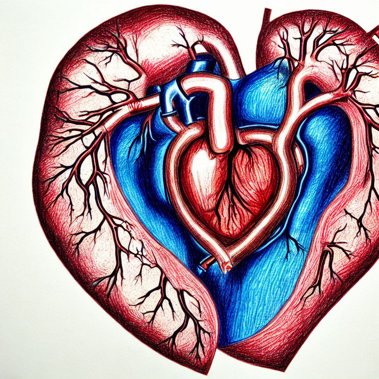 Detailed Human Heart Drawing with Red and Blue Vascular Structure on White Background