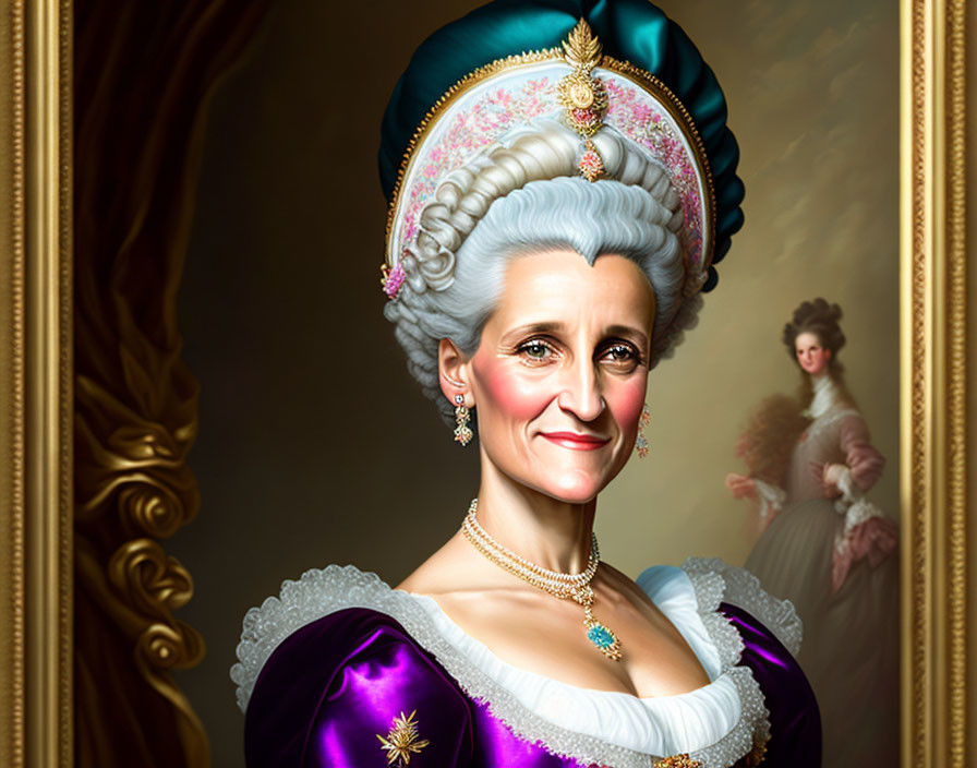 Smiling woman in 18th-century attire with blue hat and purple dress