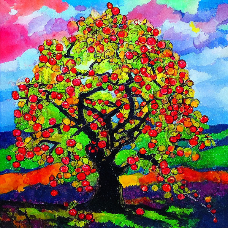 Colorful painting of whimsical tree with red fruits and heart-shaped void on rainbow landscape