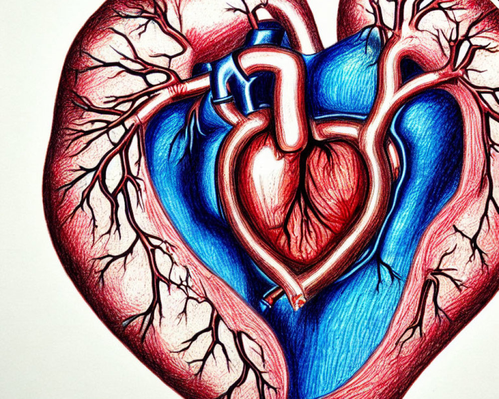 Detailed Human Heart Drawing with Red and Blue Vascular Structure on White Background