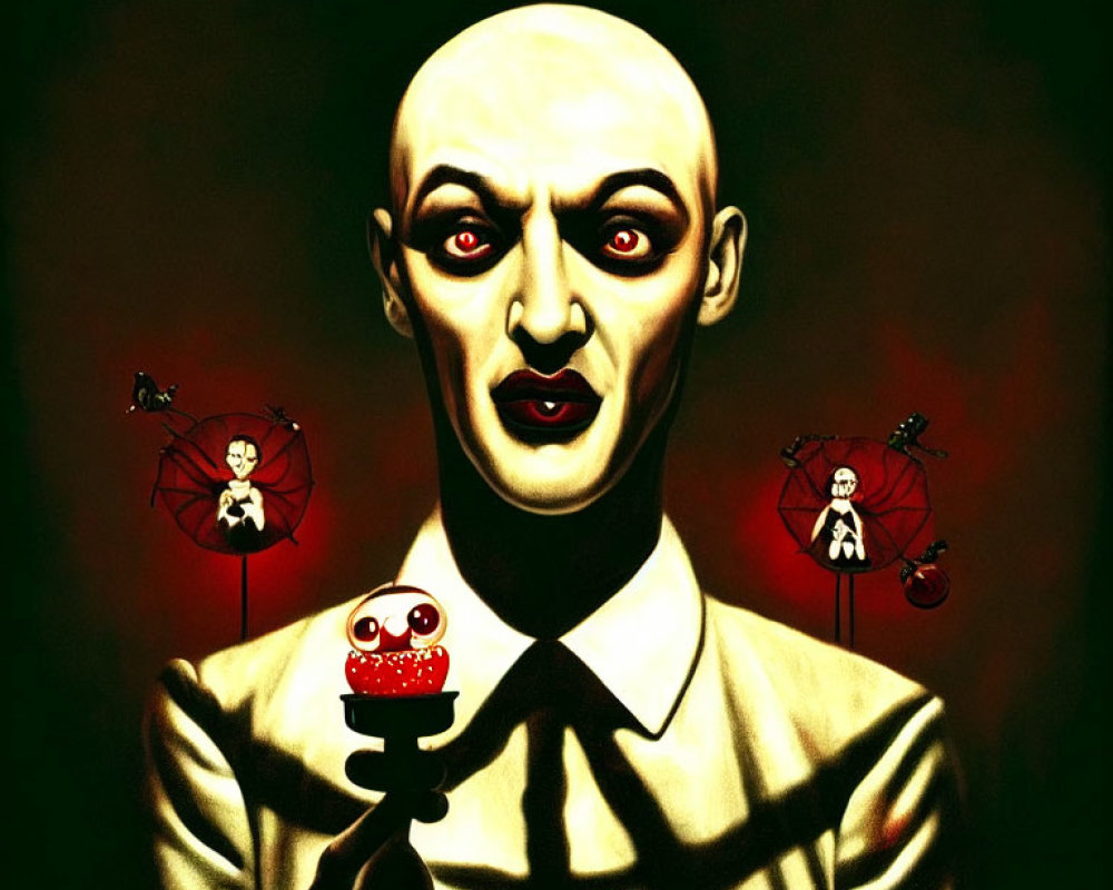 Pale-skinned figure with wide eyes holding skull cupcake, sinister framed images.