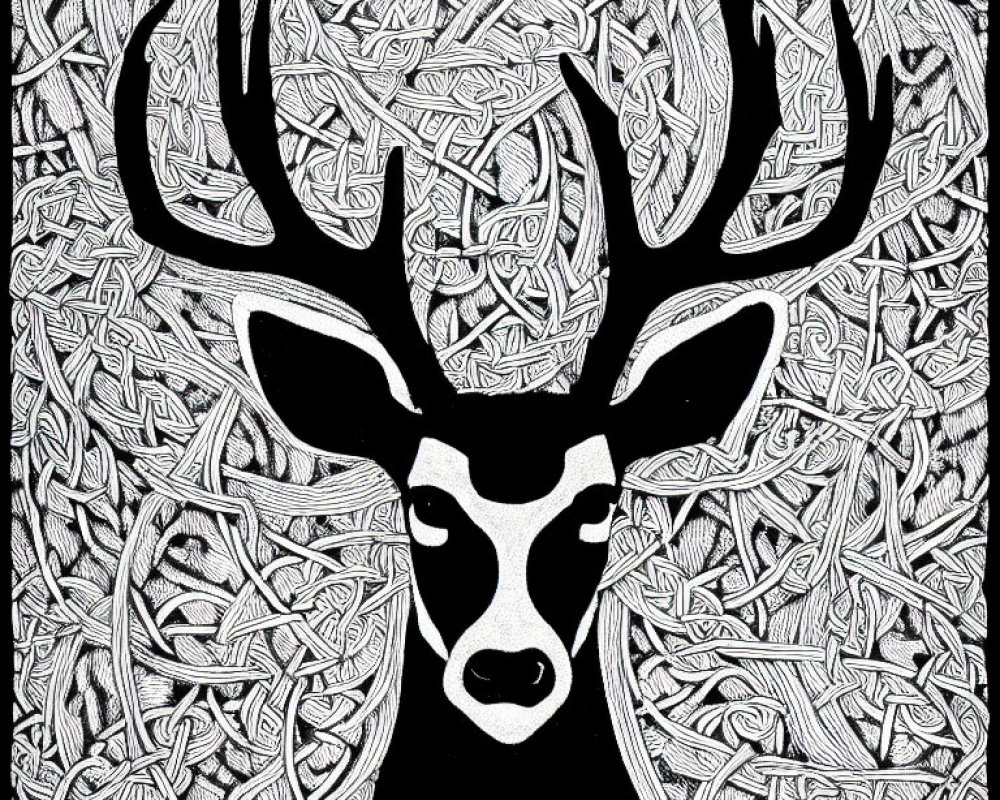 Monochrome Line Art Drawing of Stag with Intricate Antlers