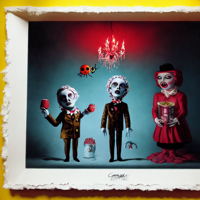 Stylized skull-faced figures in vintage attire under chandelier with popcorn and toy, red creature above