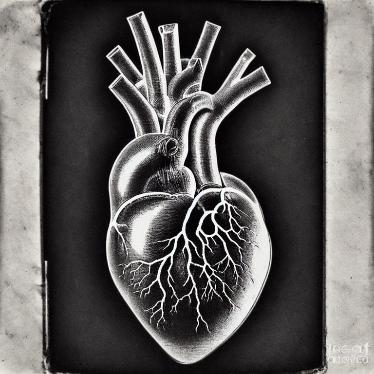 Detailed Black and White Human Heart Illustration