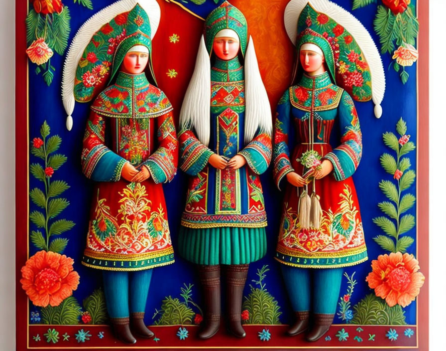 Traditional Russian dolls in ornate costumes on blue backdrop with floral motifs