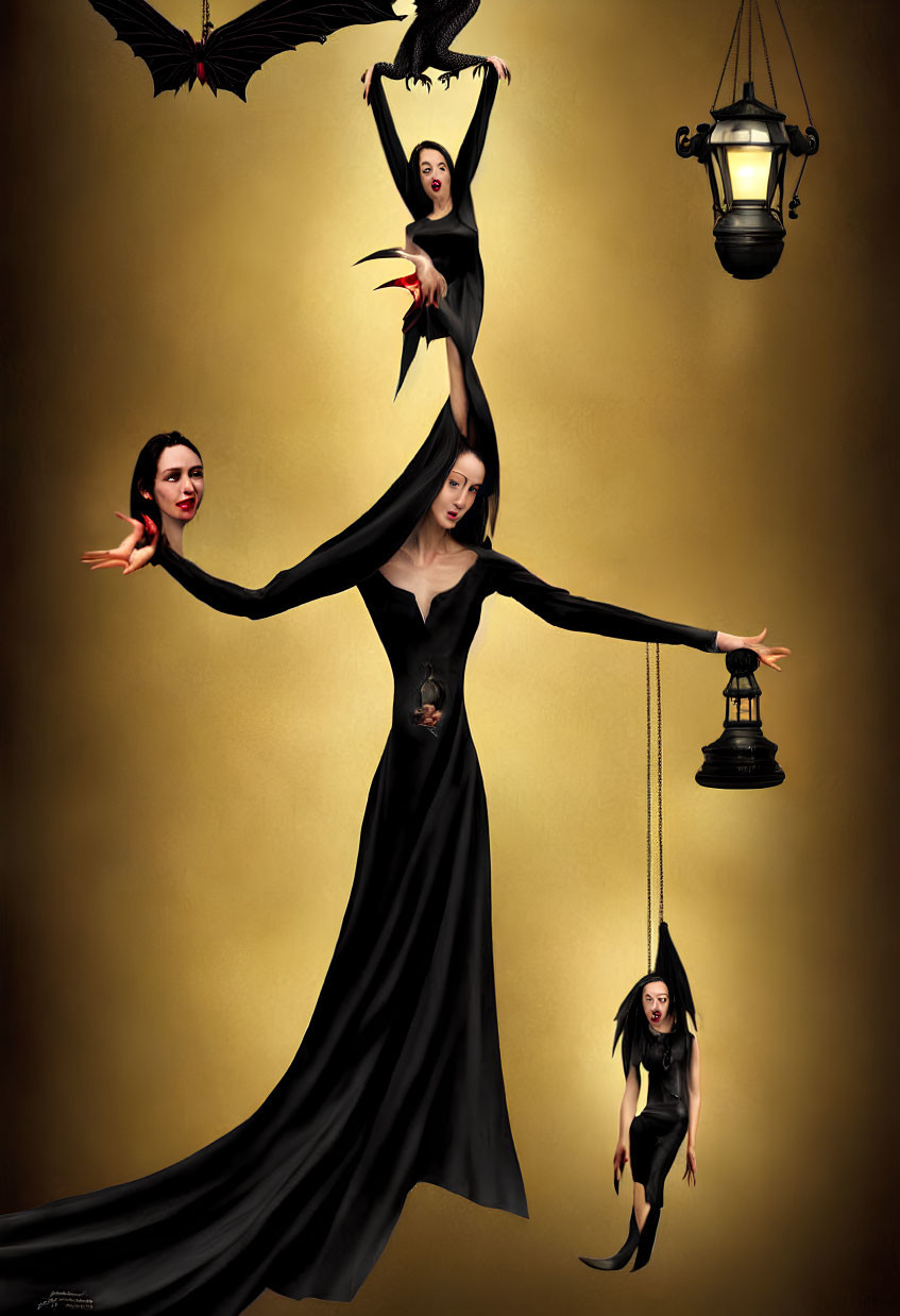 Surreal image of woman in black dress with arms transforming into two more women and bat above