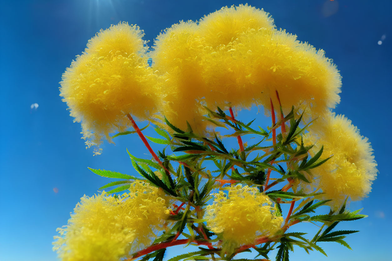 Vivid yellow mimosa flowers under bright blue sky