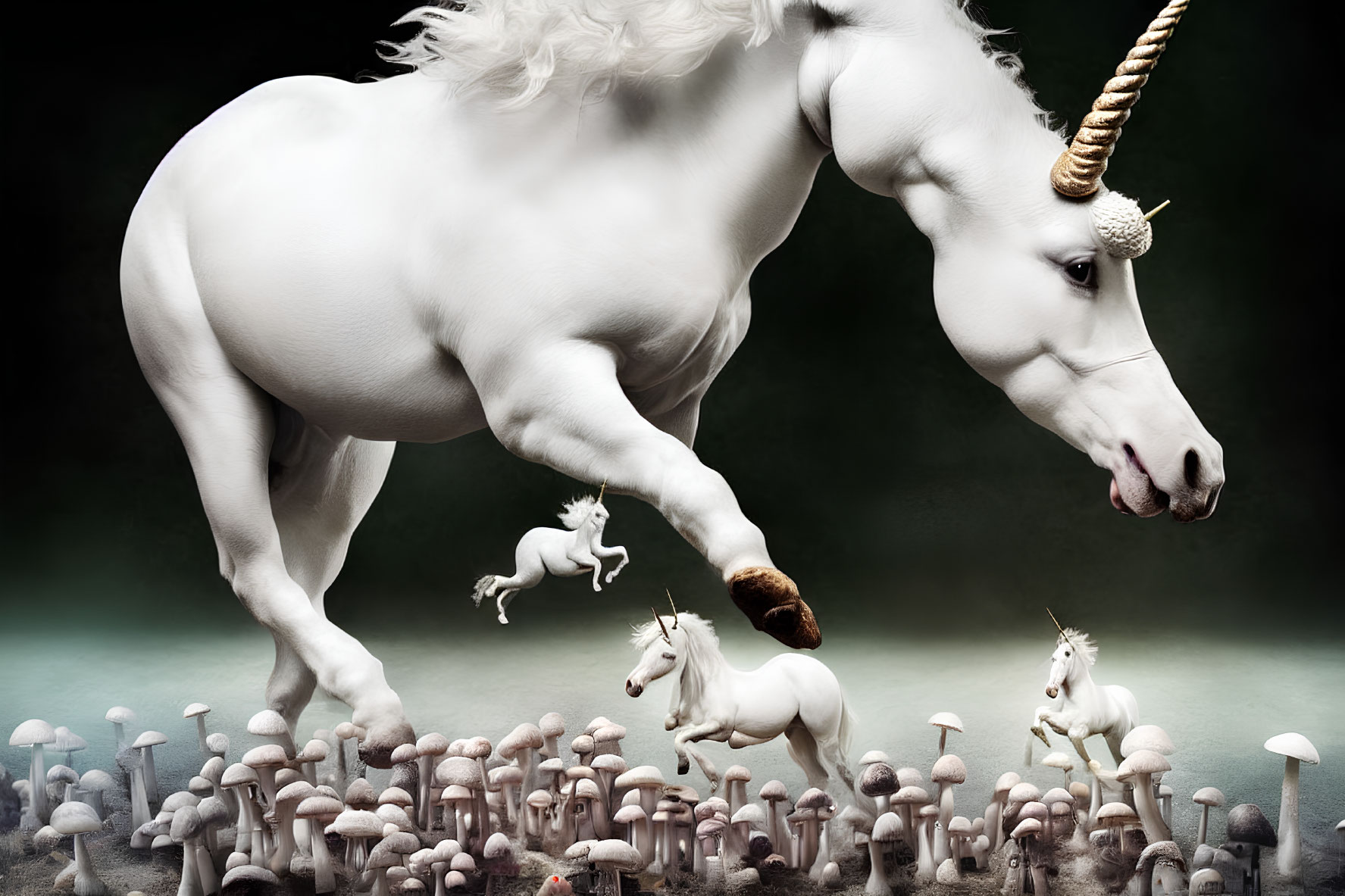 White Unicorn with Golden Horn Leaping over Fairy-Tale Scene
