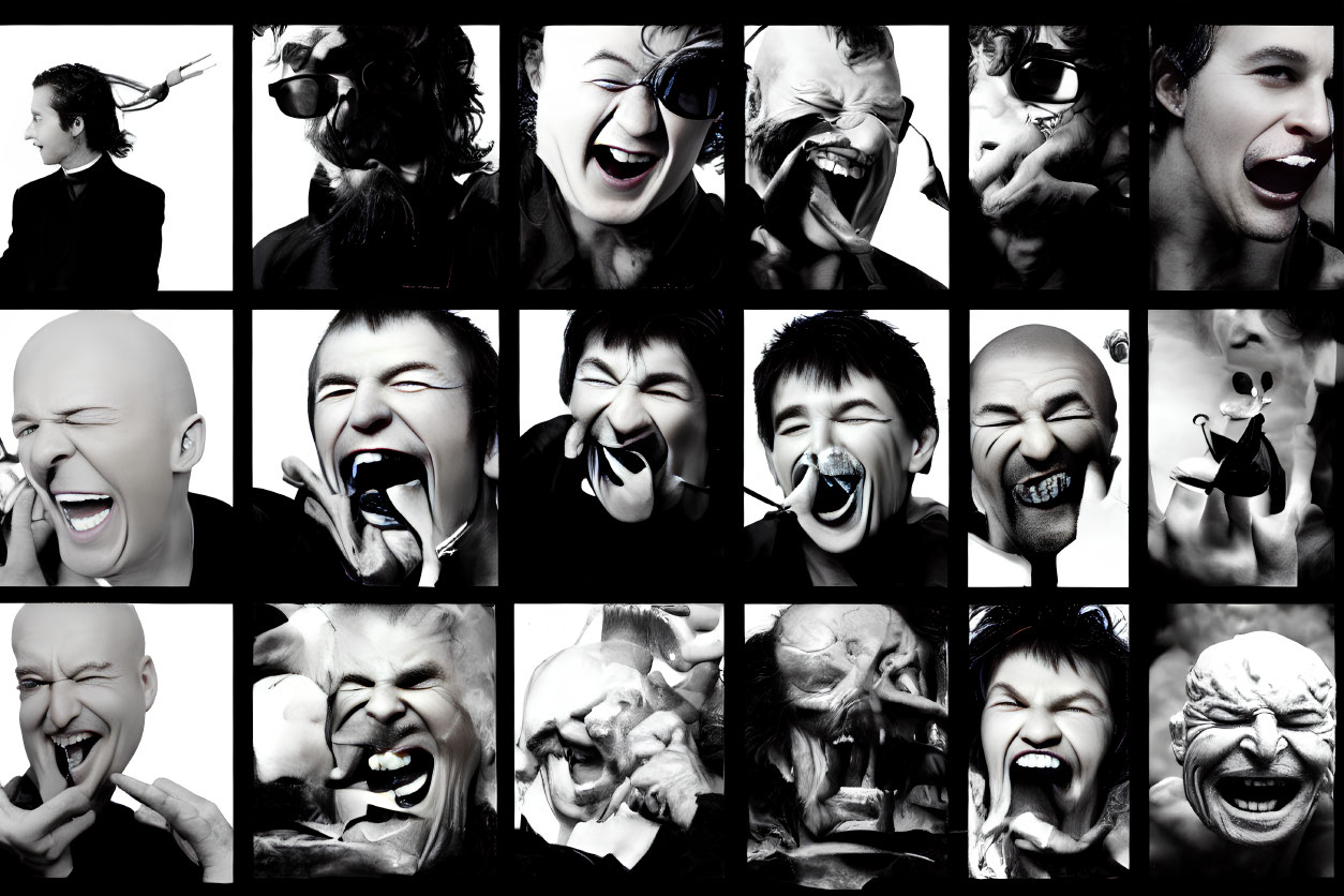 Collage of Black and White Images Featuring Exaggerated Facial Expressions