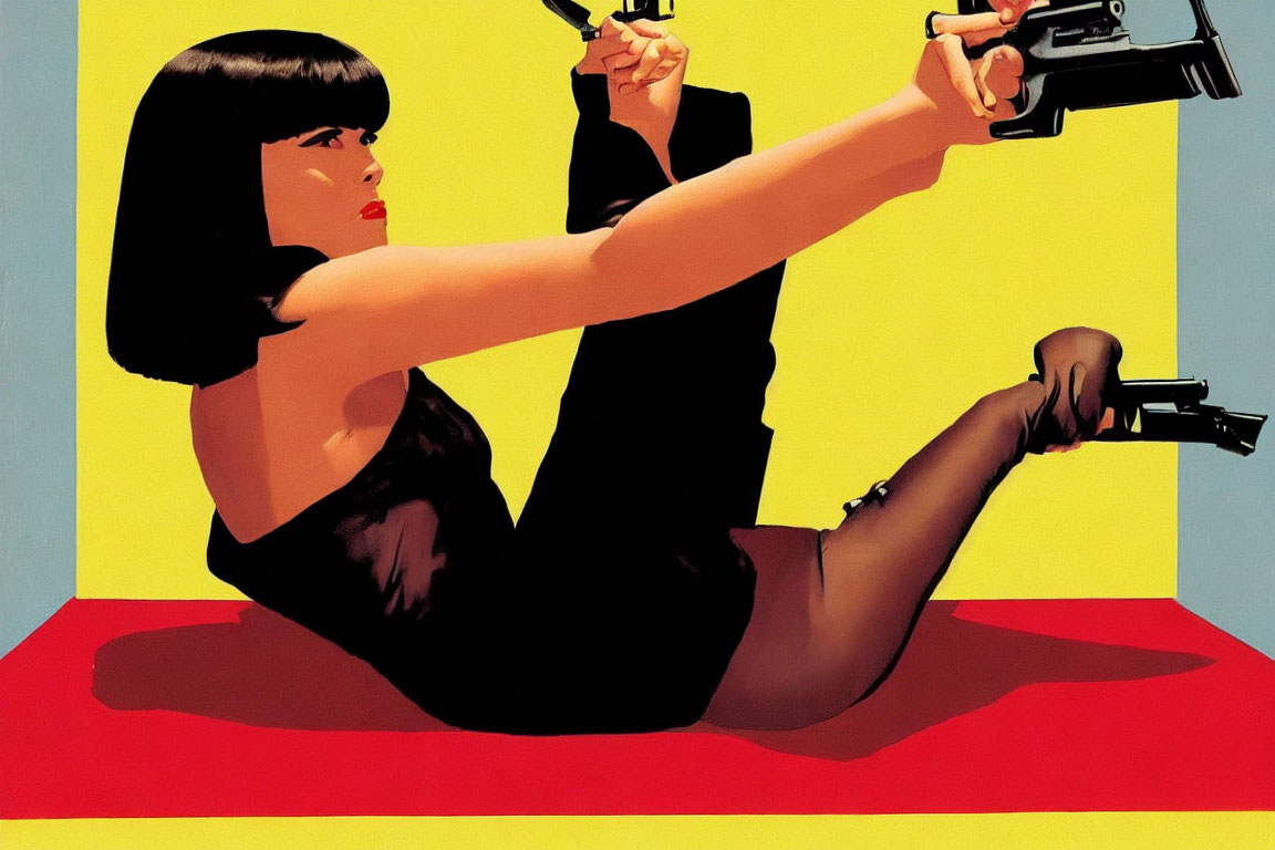 Stylized illustration of woman with guns on two-tone background