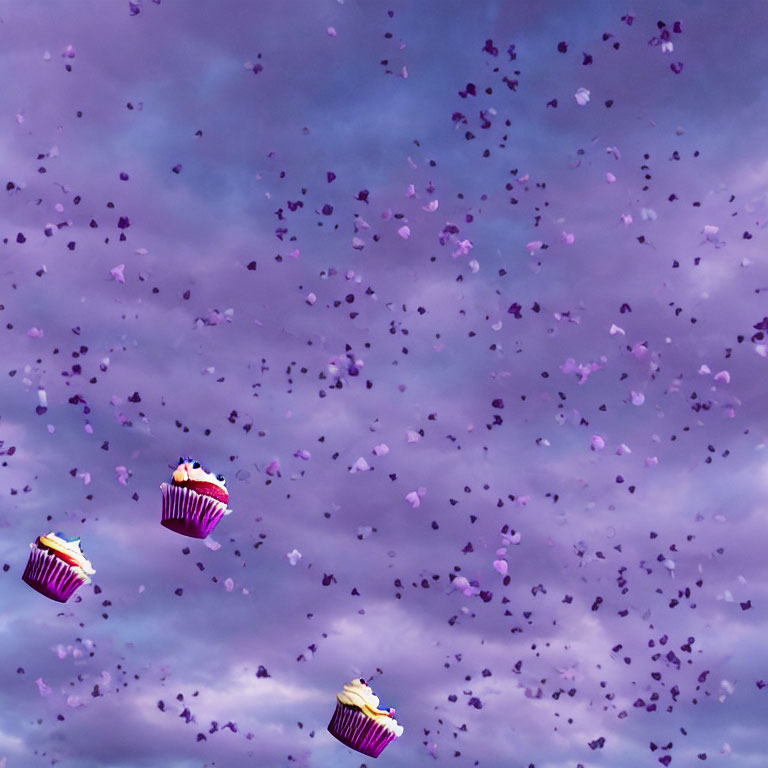Purple Sky with Petals and Floating Cupcakes in Pink Frosting