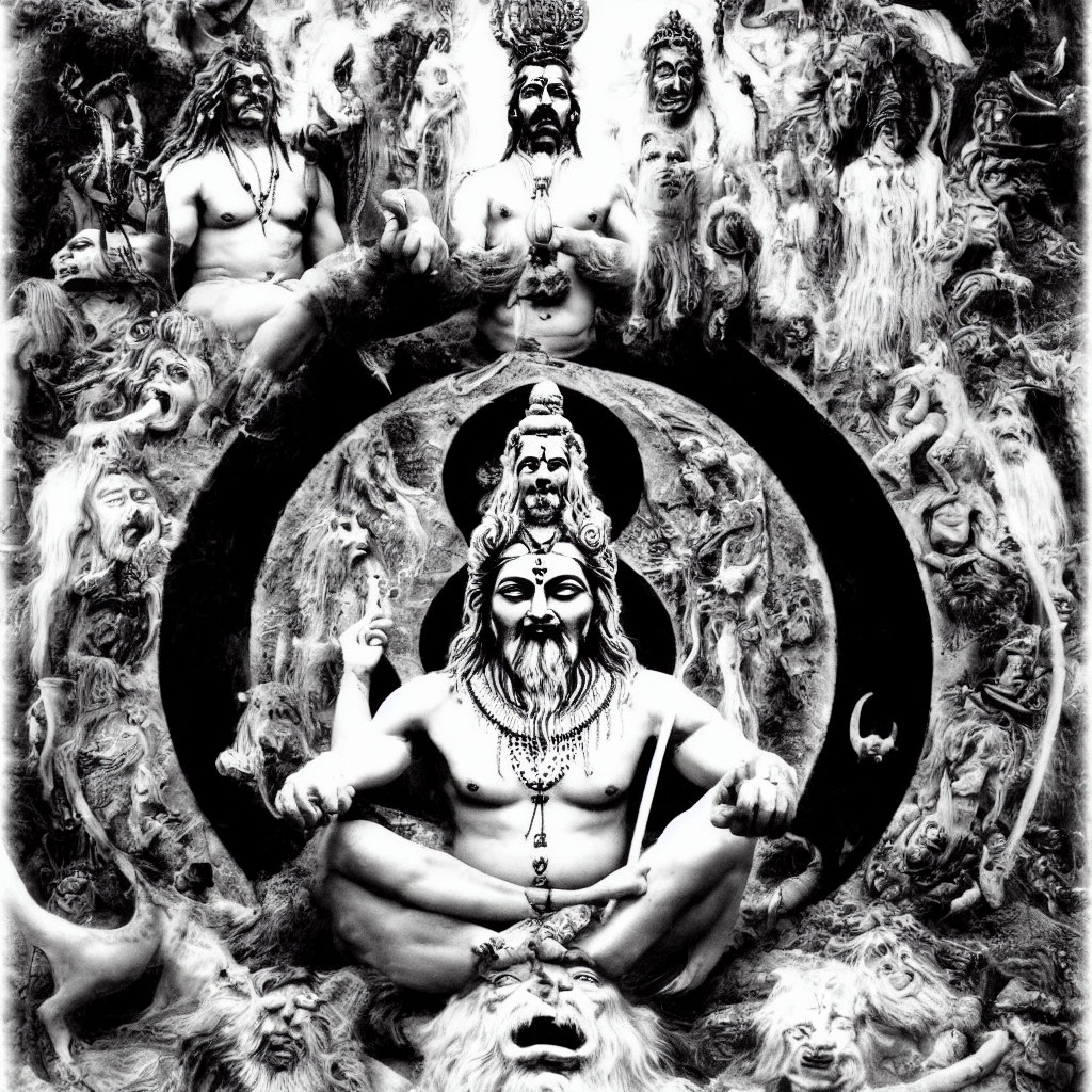 Monochrome artwork featuring central figure with multiple faces and arms amid mystical characters