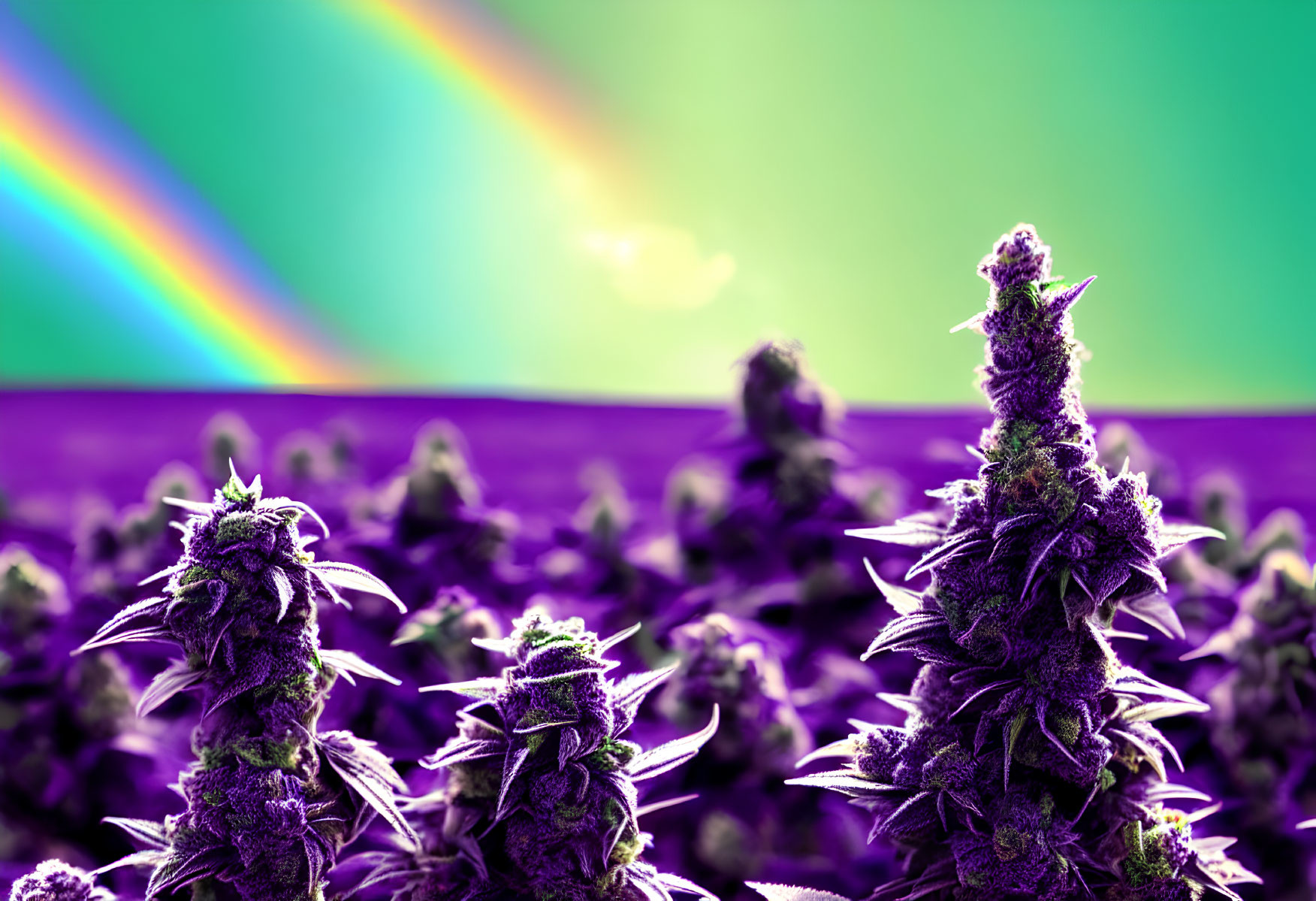 Purple cannabis plants under rainbow sky view.