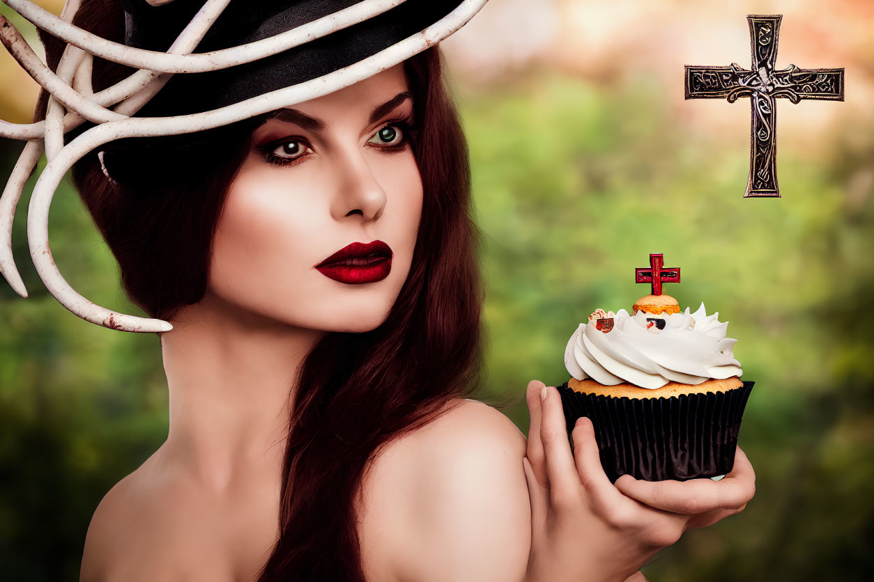 Dark-makeup woman holding cupcake with cross on hat, nature background