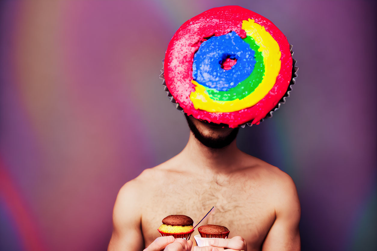 Shirtless Person Holding Cheeseburger with Doughnut Mask on Purple Background