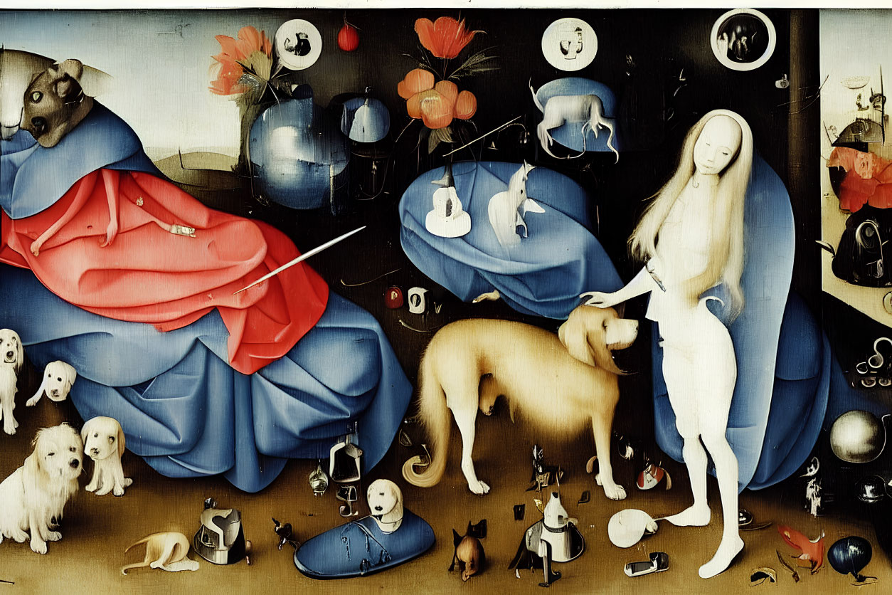 Surreal painting of woman with animals and objects in dreamlike assembly