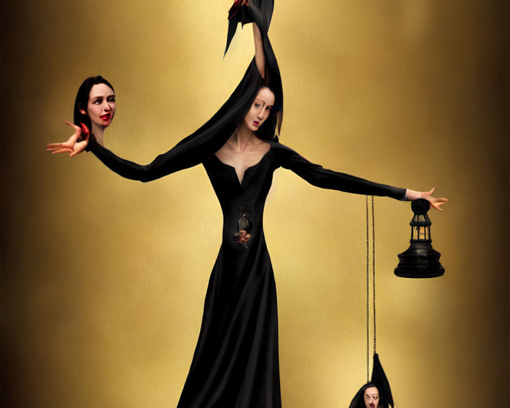 Surreal image of woman in black dress with arms transforming into two more women and bat above