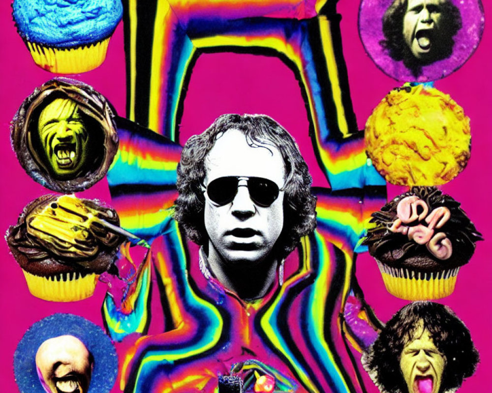 Vibrant psychedelic collage with central figure, sunglasses, expressive faces, cupcakes on pink background