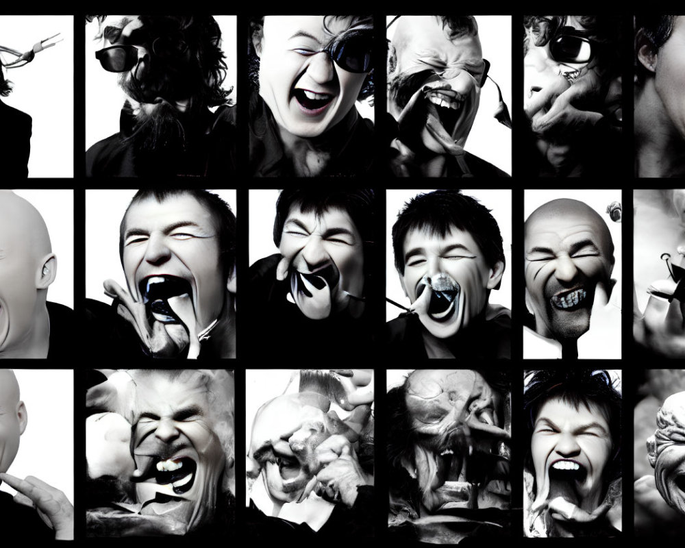 Collage of Black and White Images Featuring Exaggerated Facial Expressions