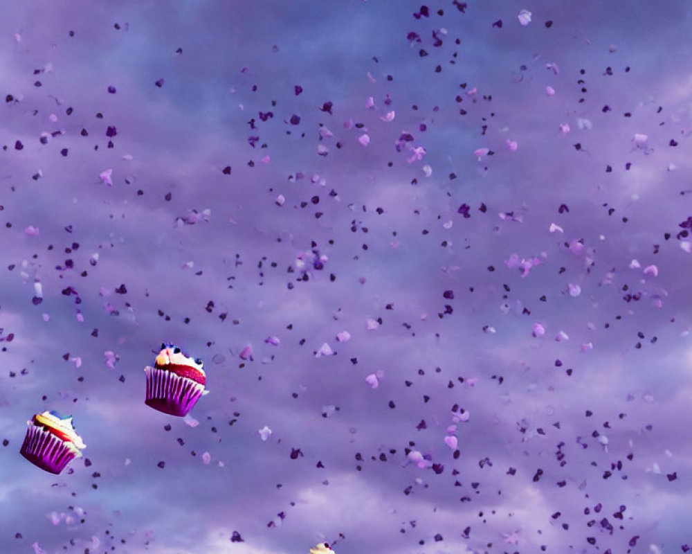 Purple Sky with Petals and Floating Cupcakes in Pink Frosting