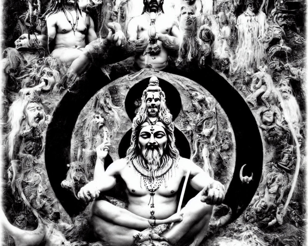 Monochrome artwork featuring central figure with multiple faces and arms amid mystical characters