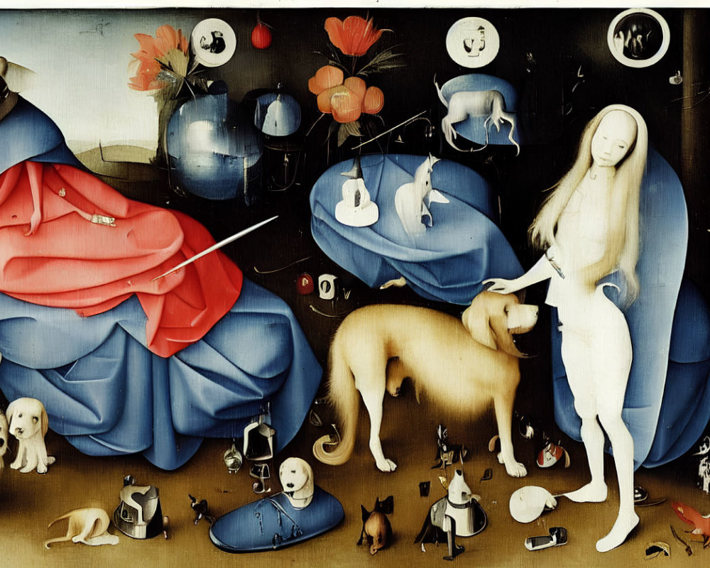 Surreal painting of woman with animals and objects in dreamlike assembly