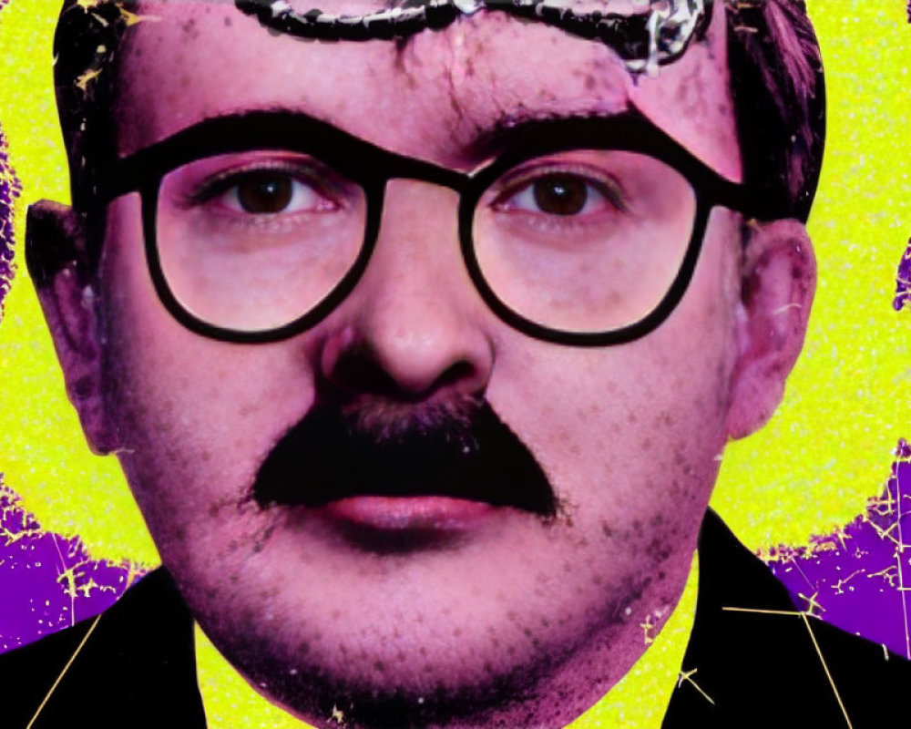 Man with Round Glasses and Mustache on Psychedelic Purple and Yellow Background