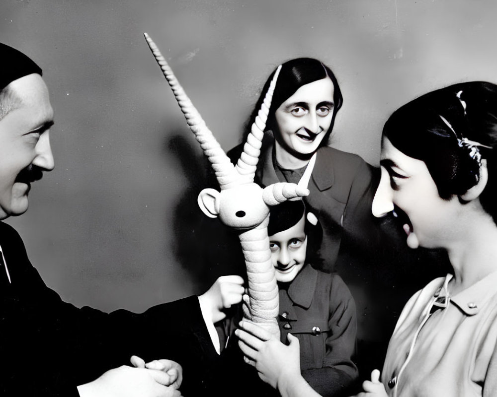 Family of four posing with toy unicorn smiling