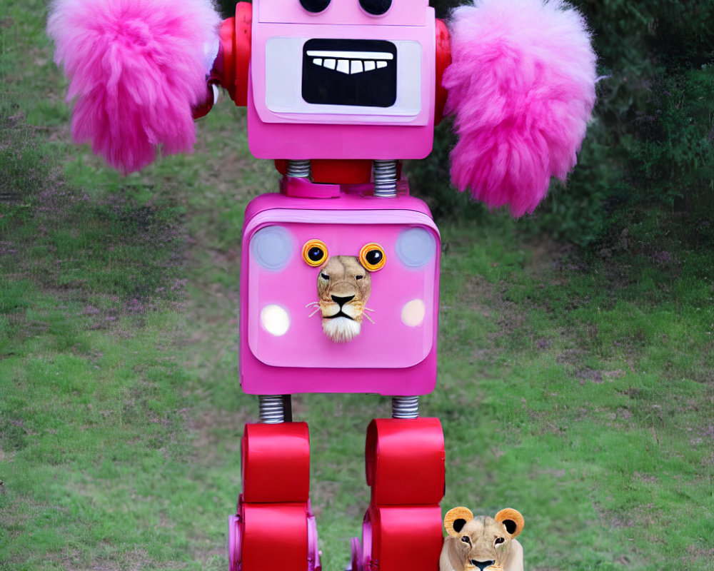 Pink Whimsical Robot with Two Faces and Lion Toy in Greenery