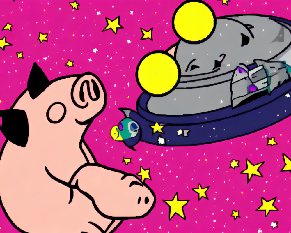 Cartoon pig in space with fishbowl helmet and mouse head spaceship on pink starry backdrop