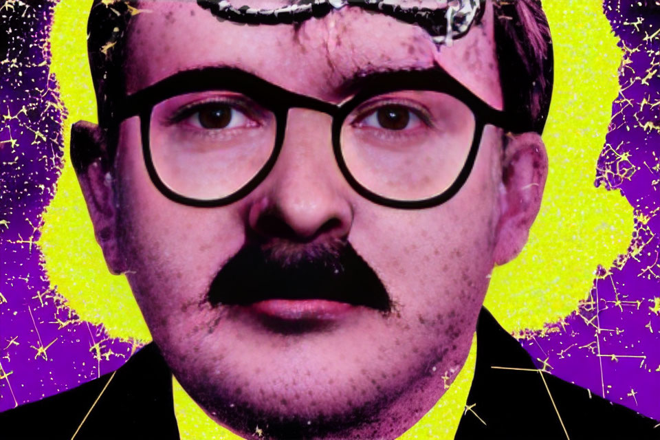 Man with Round Glasses and Mustache on Psychedelic Purple and Yellow Background