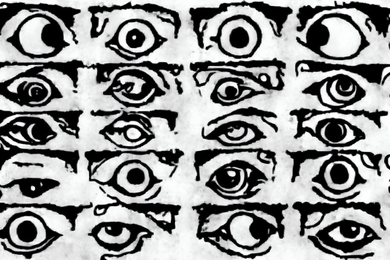 Monochrome human eye illustrations on textured background