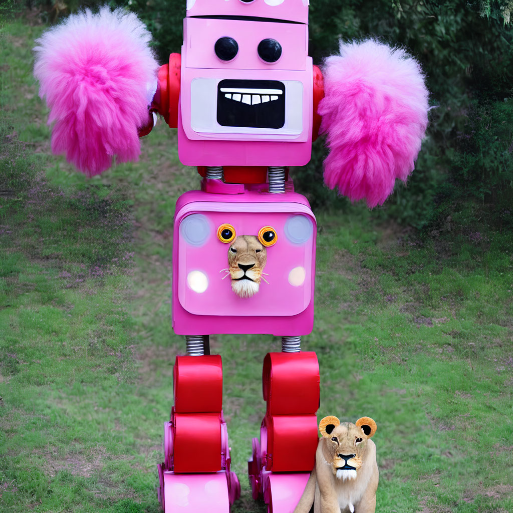 Pink Whimsical Robot with Two Faces and Lion Toy in Greenery