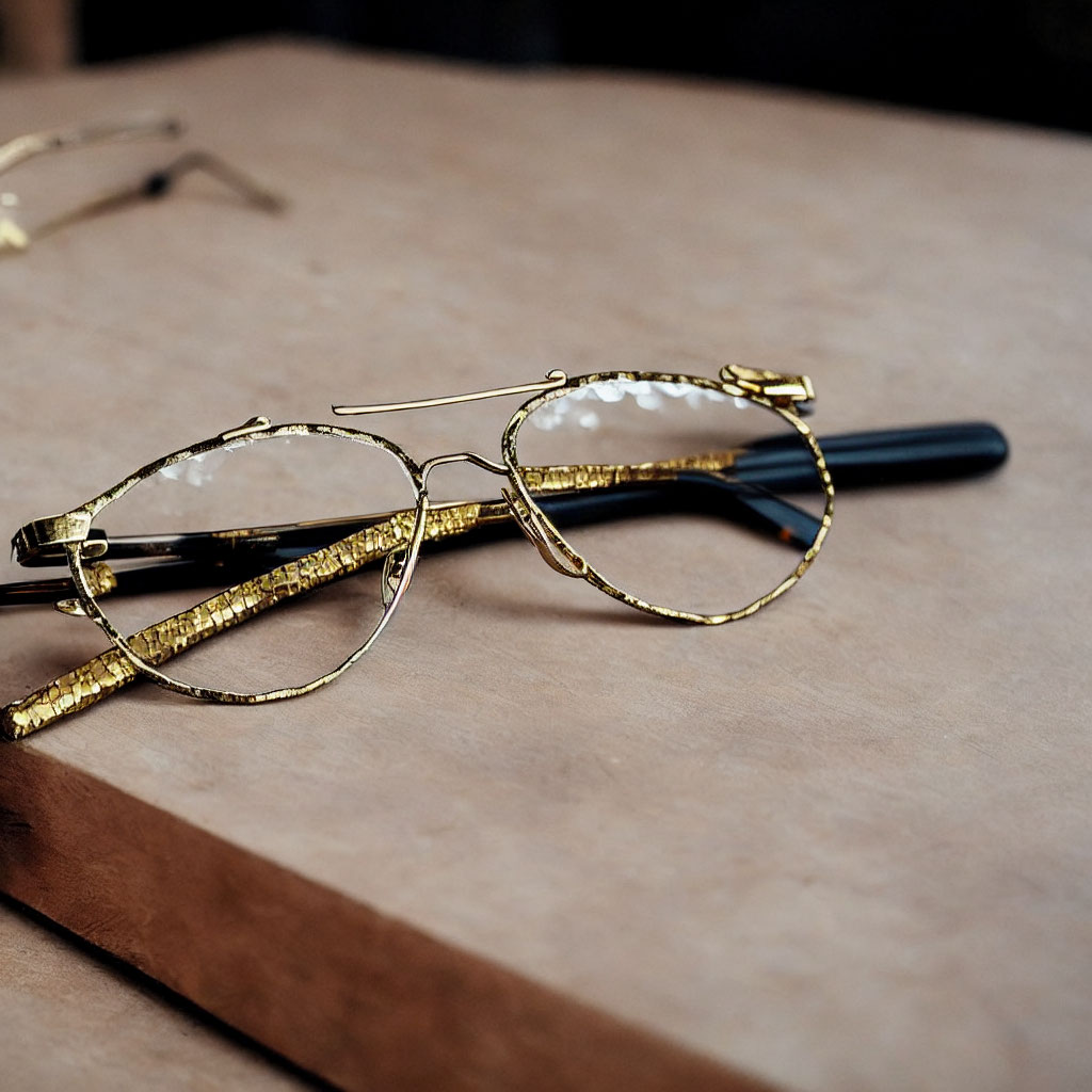 Gold-rimmed eyeglasses on book with textured surface