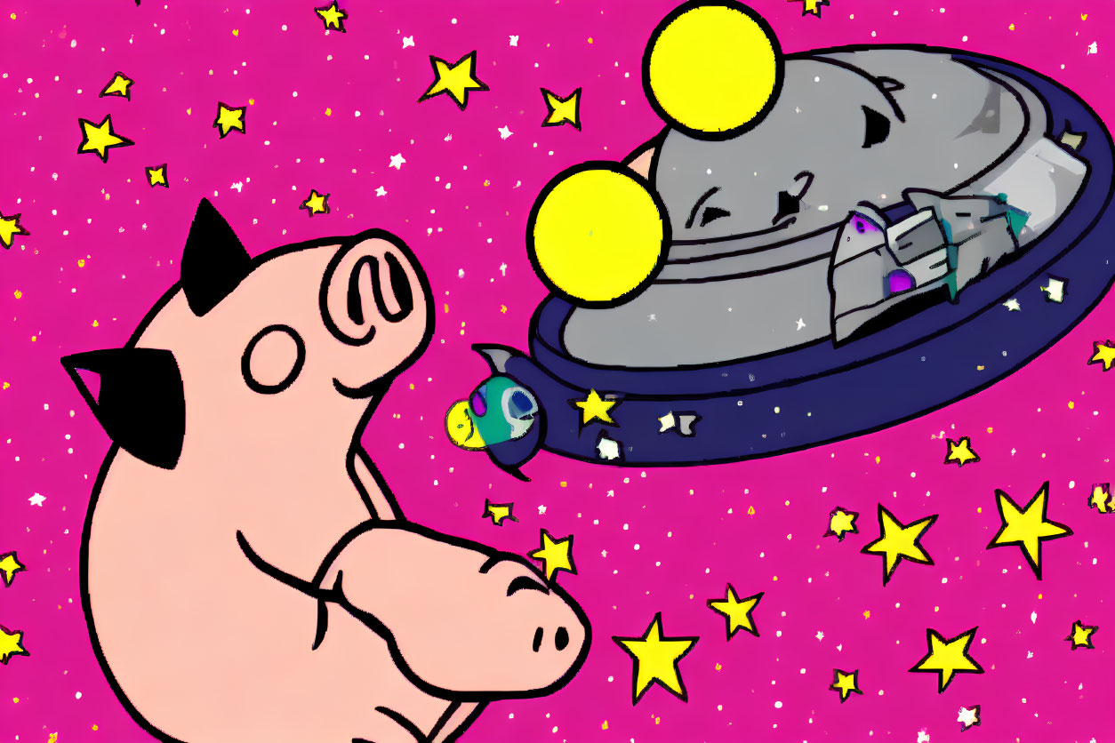 Cartoon pig in space with fishbowl helmet and mouse head spaceship on pink starry backdrop