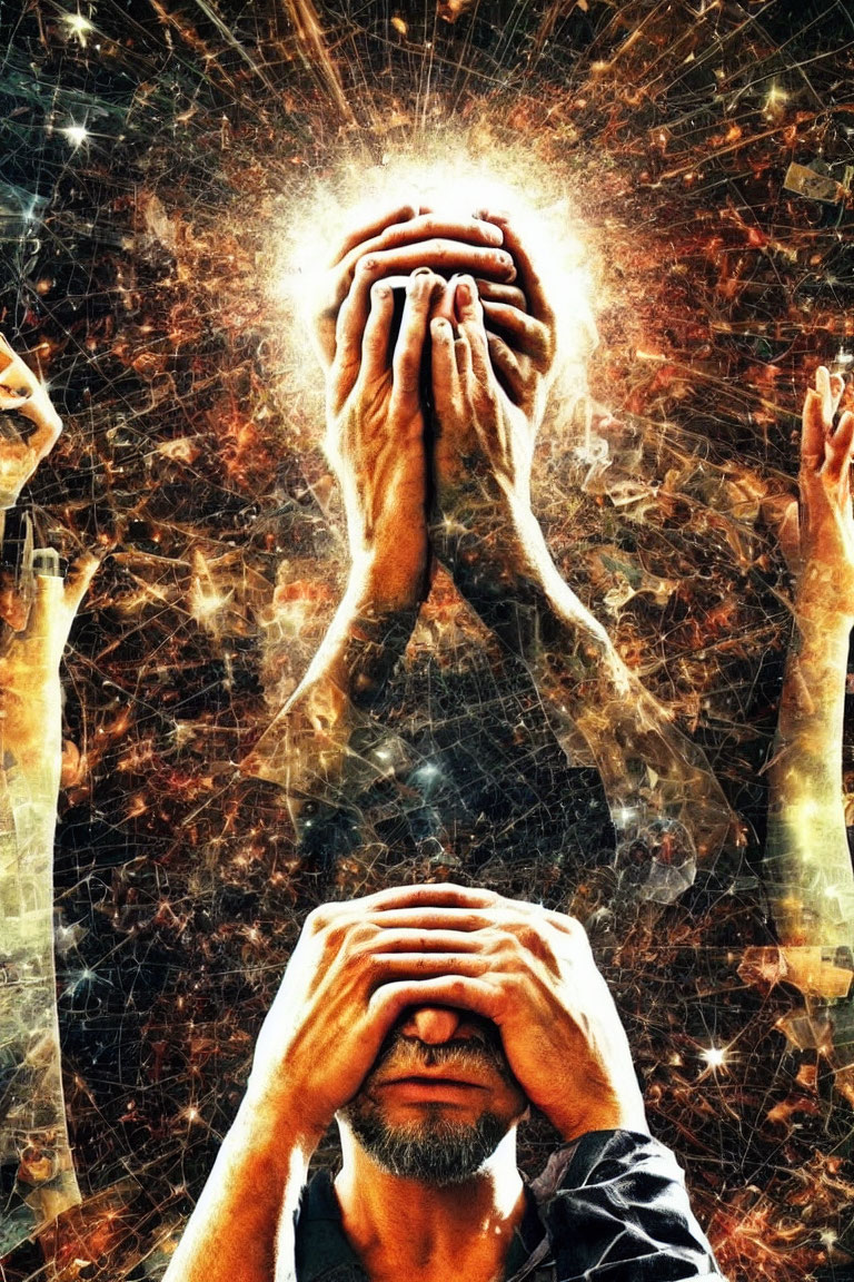 Person with covered eyes surrounded by raised hands in cosmic background