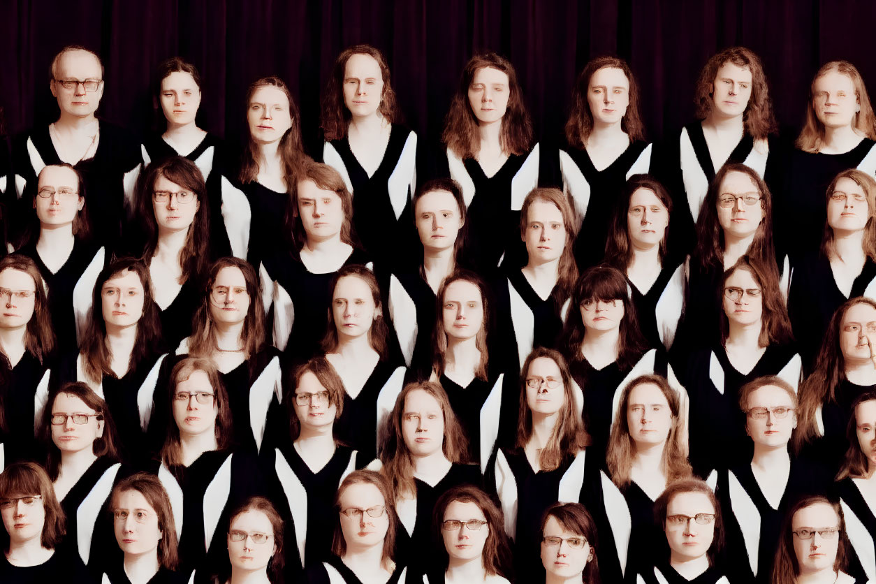 Grid of Women in Glasses and Monochrome Outfits on Dark Background