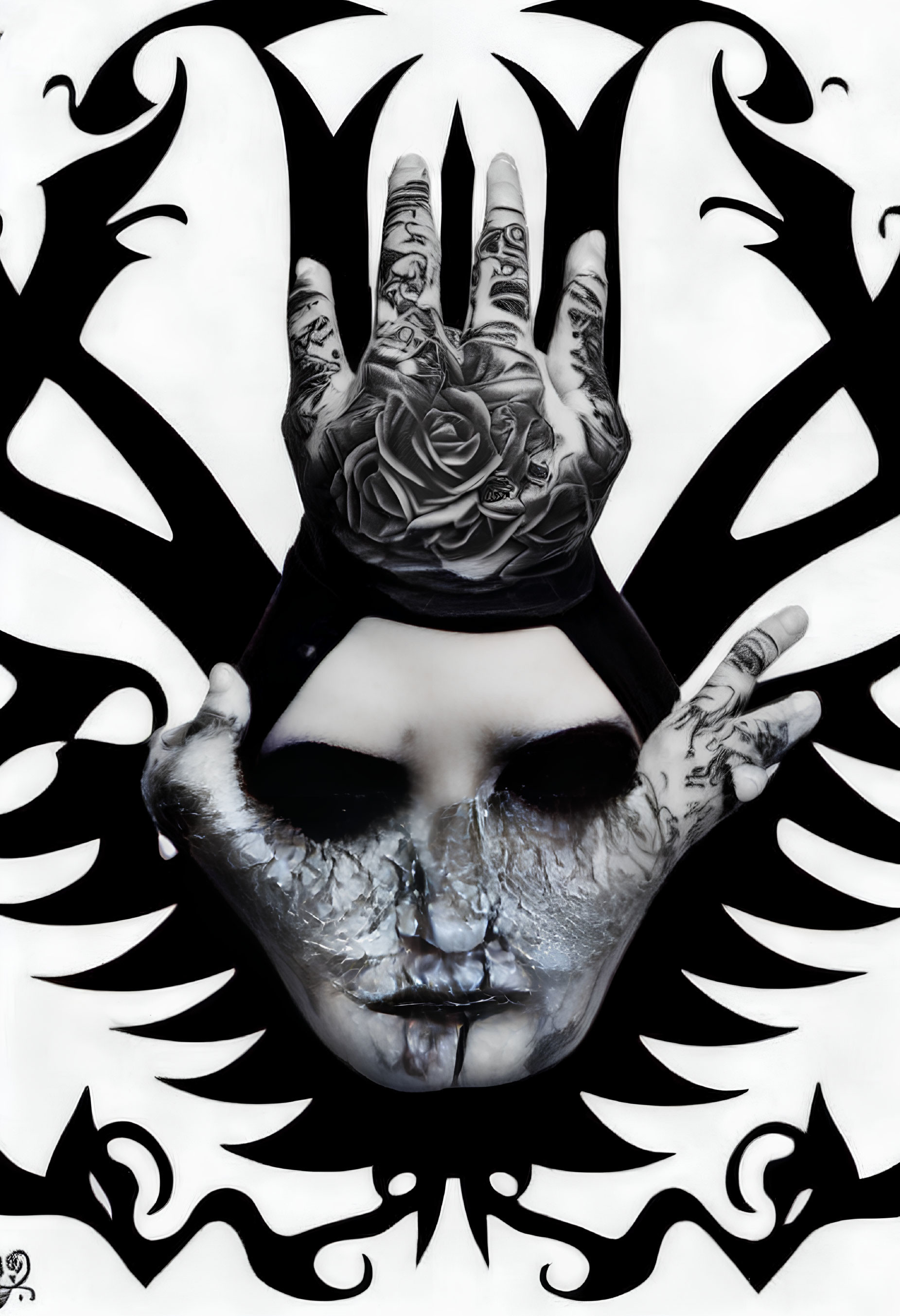 Monochrome artwork: Hand with rose tattoos on inkblot-style face.