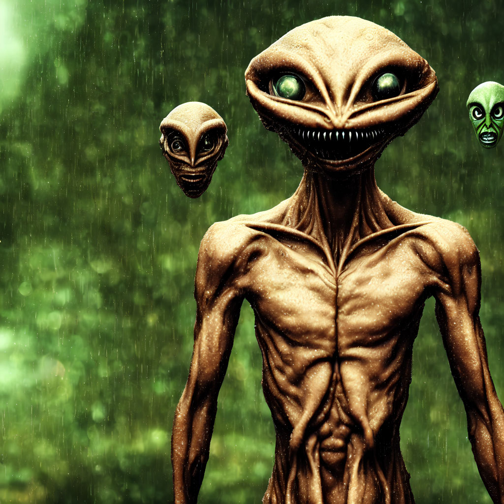 Three elongated head, large green eyes alien creatures in rainy green background