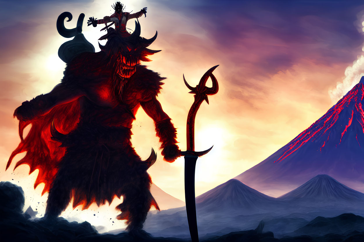 Horned creature with scythe in volcanic landscape