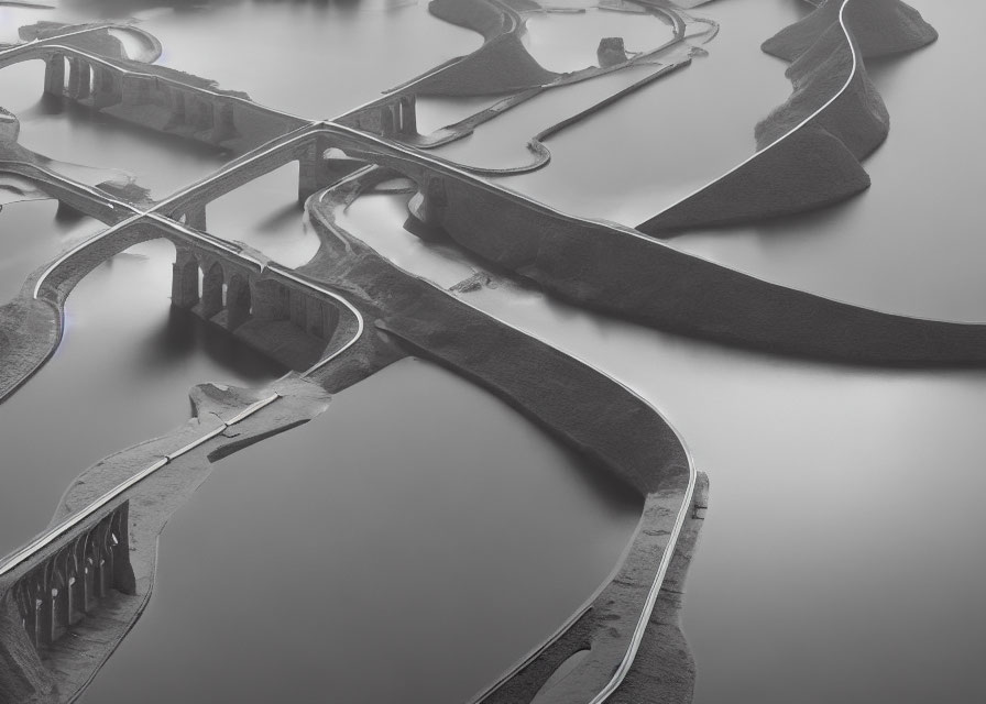 Monochromatic aerial view of curved roads and bridges over water