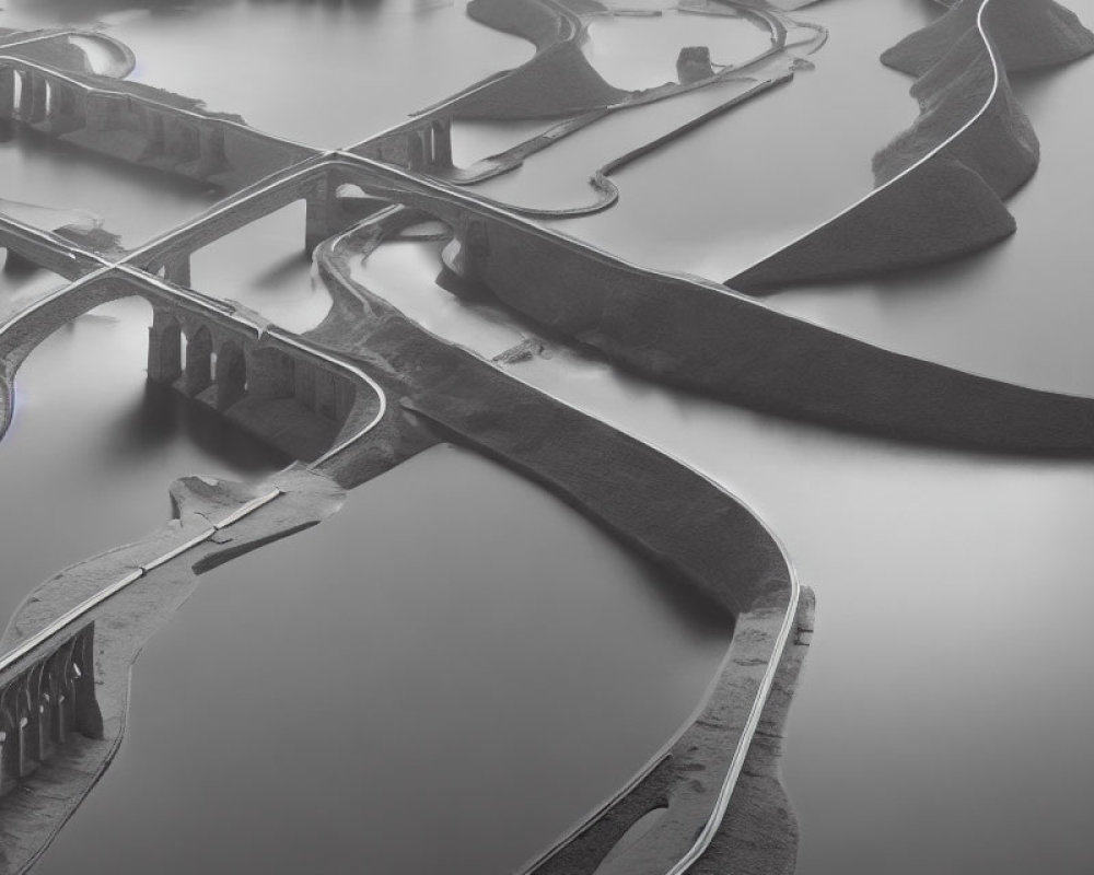 Monochromatic aerial view of curved roads and bridges over water