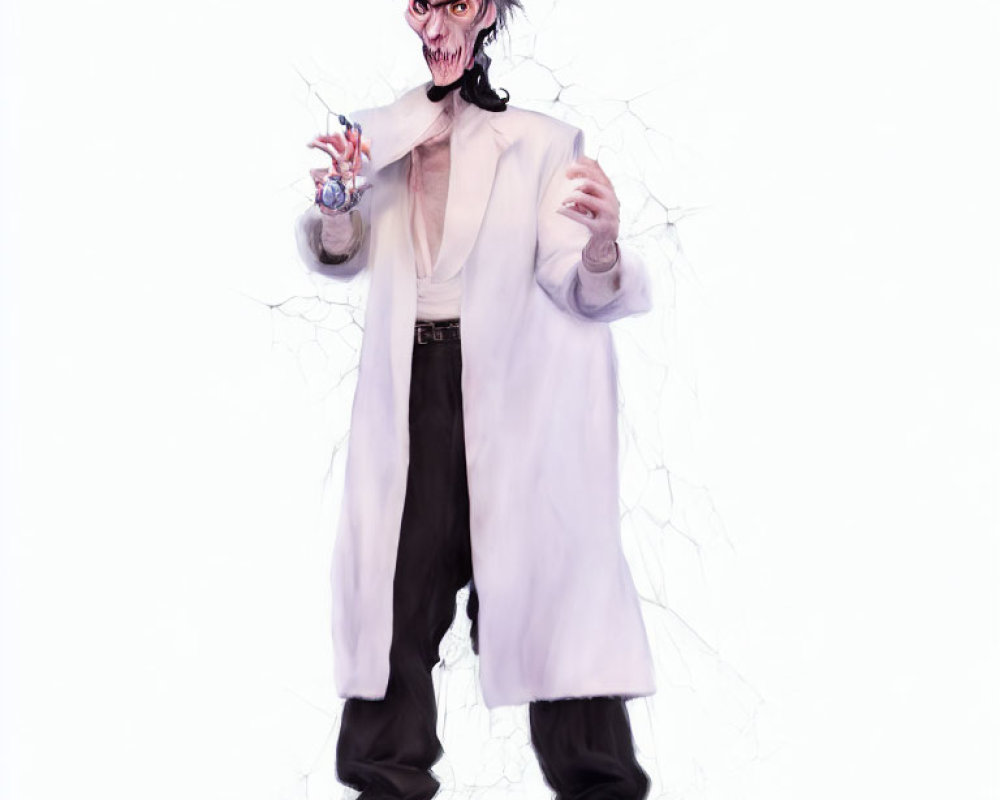 Menacing figure in lab coat with syringe & bow tie