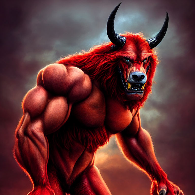 Muscular anthropomorphic bison with prominent horns in fiery backdrop